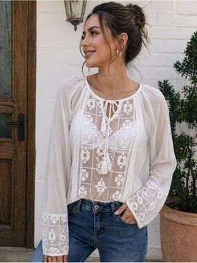 Penelope Women’s Boho Sheer Ivory Embroidered Blouse Long Sleeve Size M